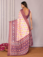 Janasya White & Purple Chanderi Silk Ikkat Printed Saree | Grocsy
