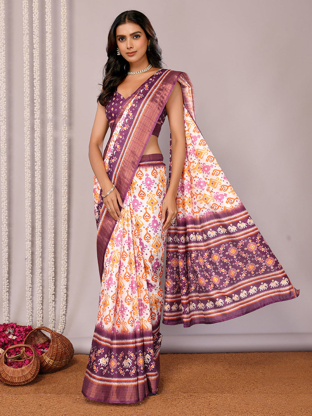 Janasya White & Purple Chanderi Silk Ikkat Printed Saree | Grocsy