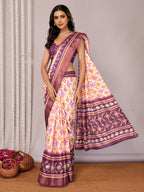 Janasya White & Purple Chanderi Silk Ikkat Printed Saree | Grocsy
