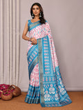 Janasya Blue Chanderi Silk Ikkat Printed Saree | Grocsy
