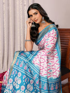 Janasya Blue Chanderi Silk Ikkat Printed Saree | Grocsy