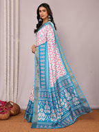 Janasya Blue Chanderi Silk Ikkat Printed Saree | Grocsy