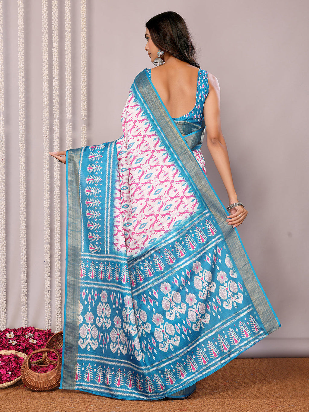 Janasya Blue Chanderi Silk Ikkat Printed Saree | Grocsy
