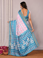 Janasya Blue Chanderi Silk Ikkat Printed Saree | Grocsy