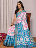 Janasya Blue Chanderi Silk Ikkat Printed Saree | Grocsy