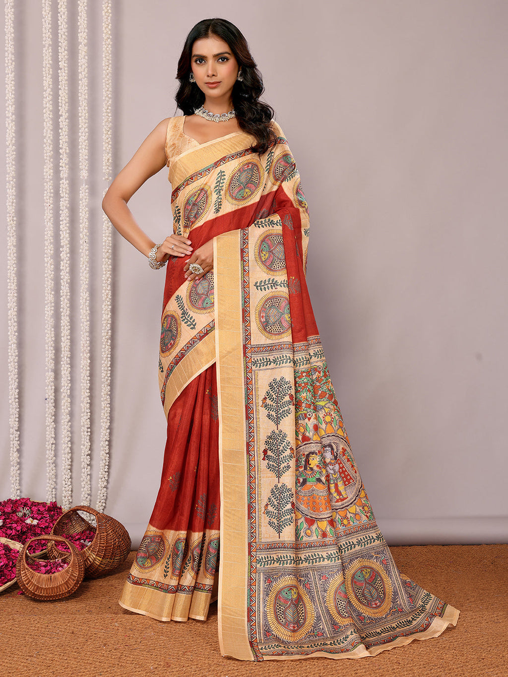 Janasya Maroon Chanderi Silk Ethnic Print Printed Saree | Grocsy