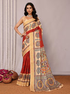 Janasya Maroon Chanderi Silk Ethnic Print Printed Saree | Grocsy
