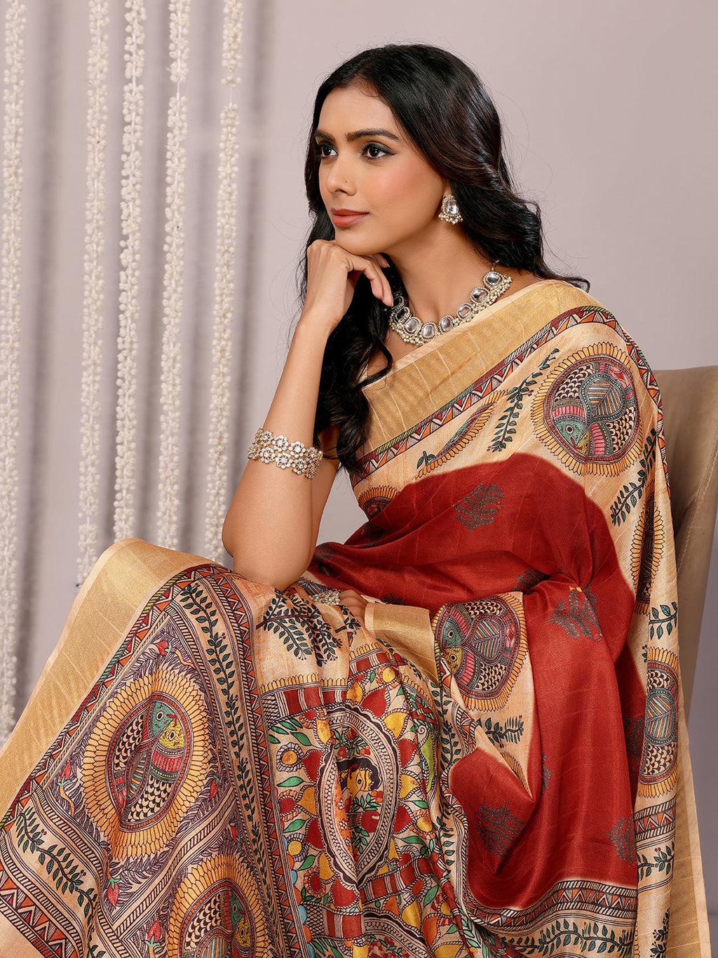 Janasya Maroon Chanderi Silk Ethnic Print Printed Saree | Grocsy