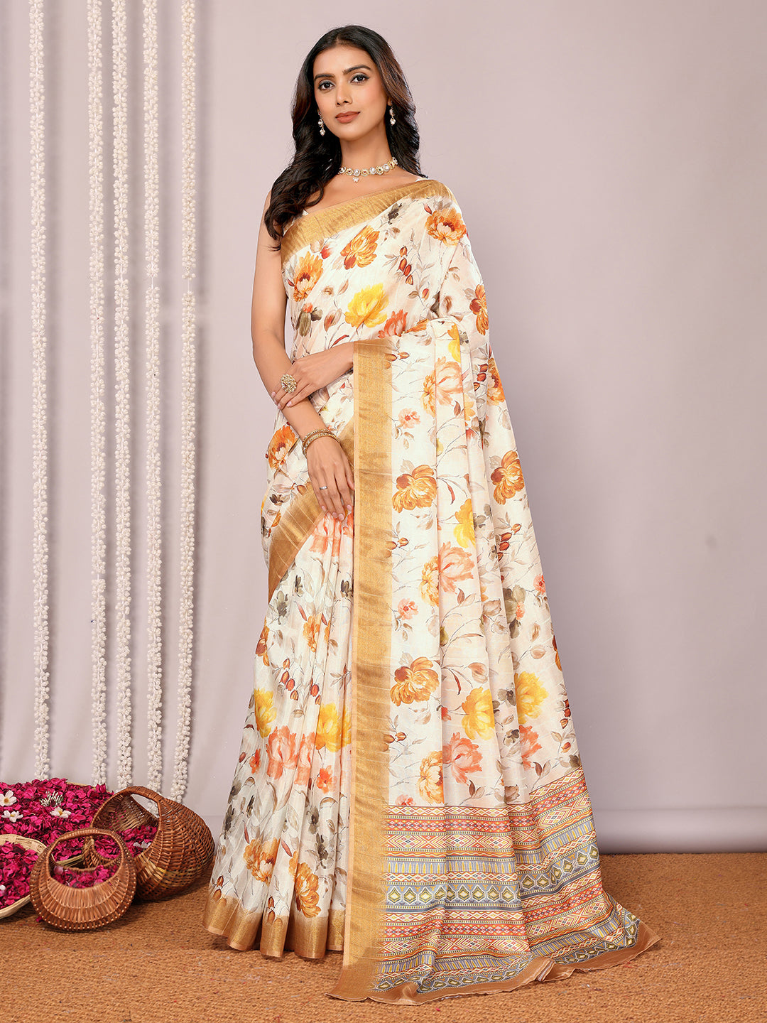 Janasya Cream Chanderi Silk Floral Printed Saree | Grocsy