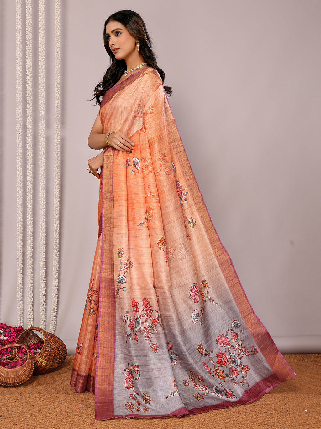 Janasya Beige Chanderi Silk Floral Printed Saree | Grocsy