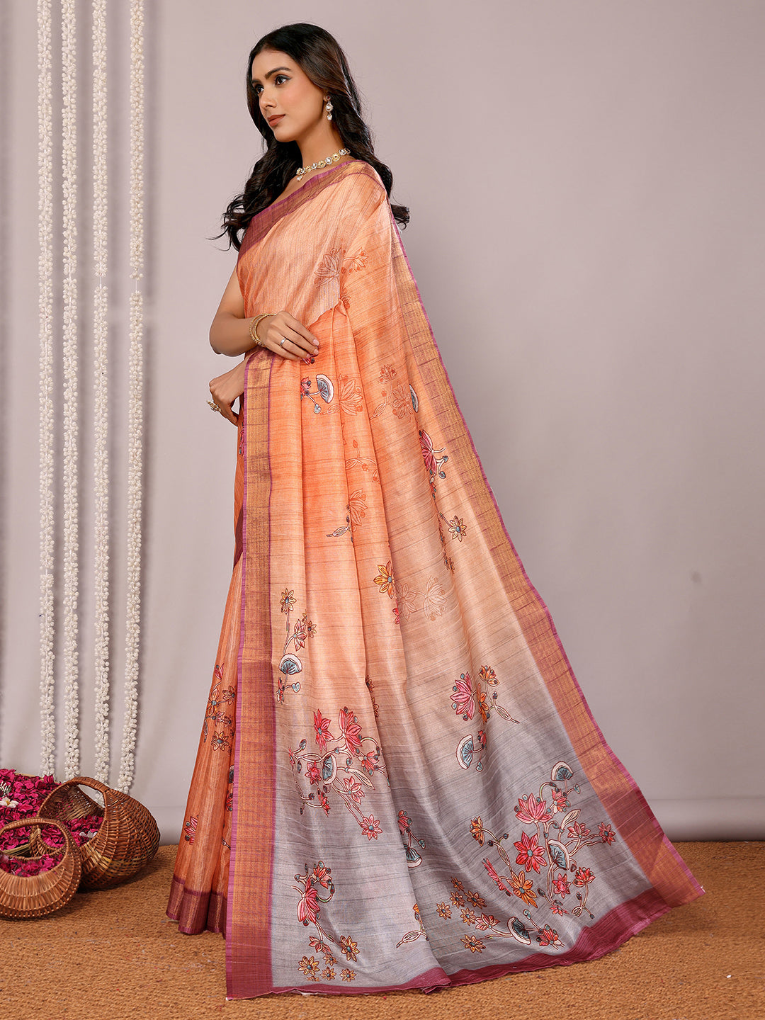 Janasya Beige Chanderi Silk Floral Printed Saree | Grocsy
