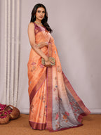 Janasya Beige Chanderi Silk Floral Printed Saree | Grocsy