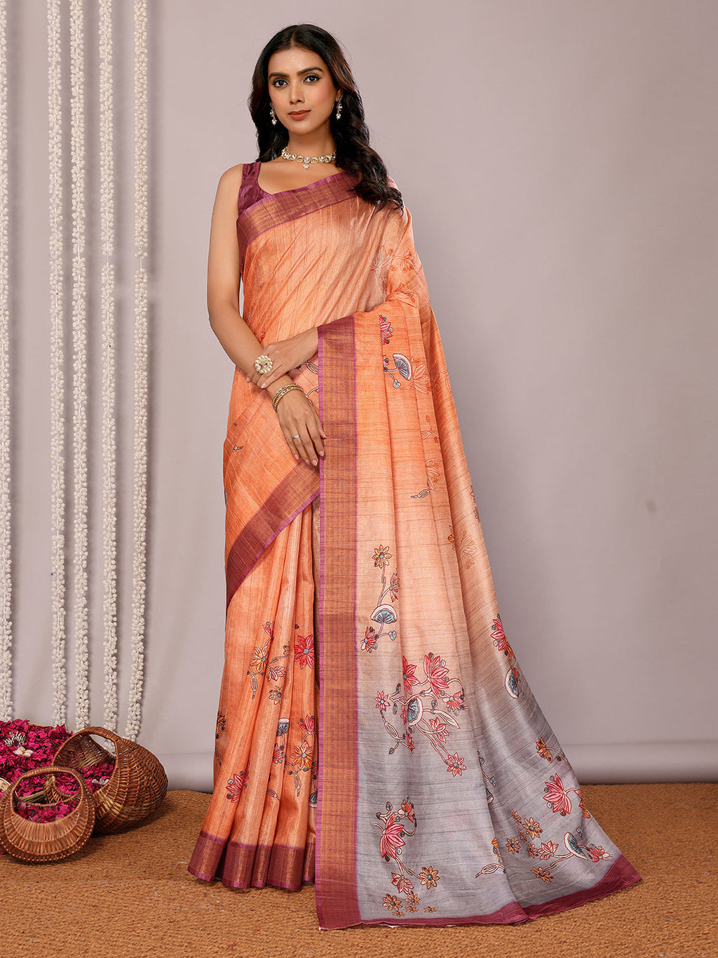 Janasya Beige Chanderi Silk Floral Printed Saree | Grocsy