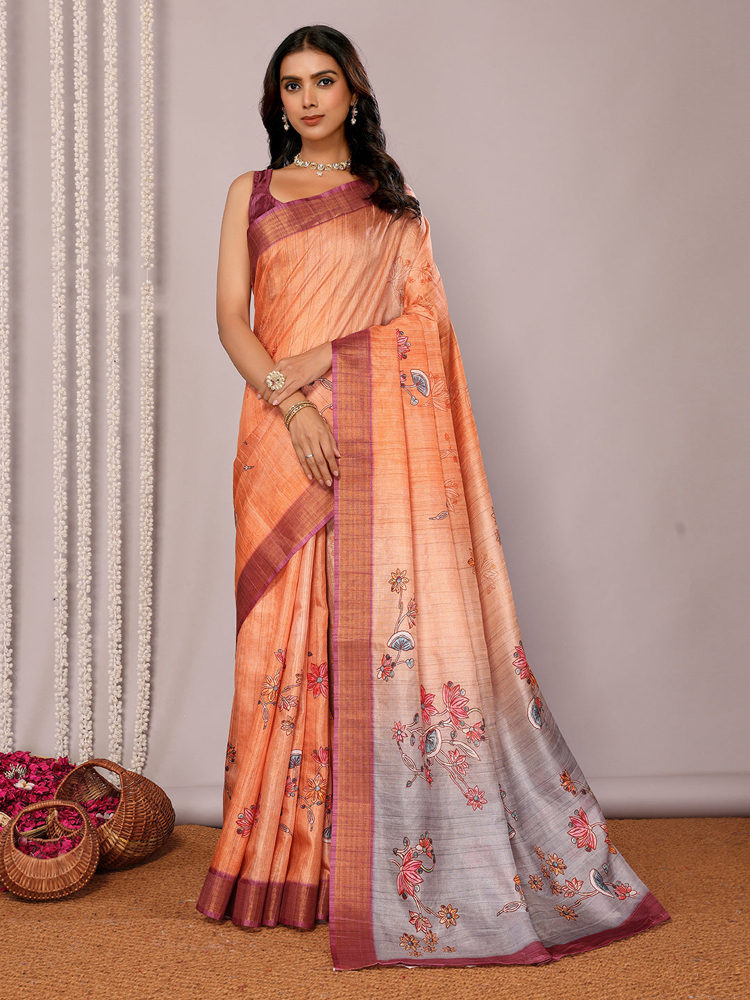 Janasya Beige Chanderi Silk Floral Printed Saree | Grocsy
