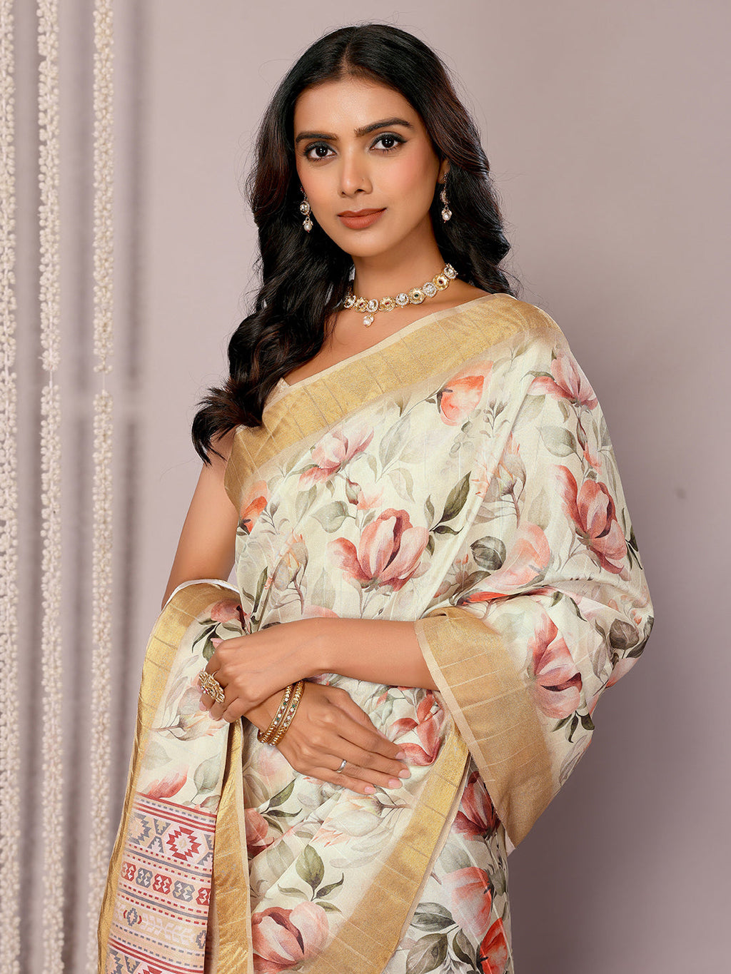 Janasya Cream Chanderi Silk Floral Printed Saree | Grocsy