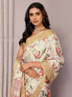 Janasya Cream Chanderi Silk Floral Printed Saree | Grocsy