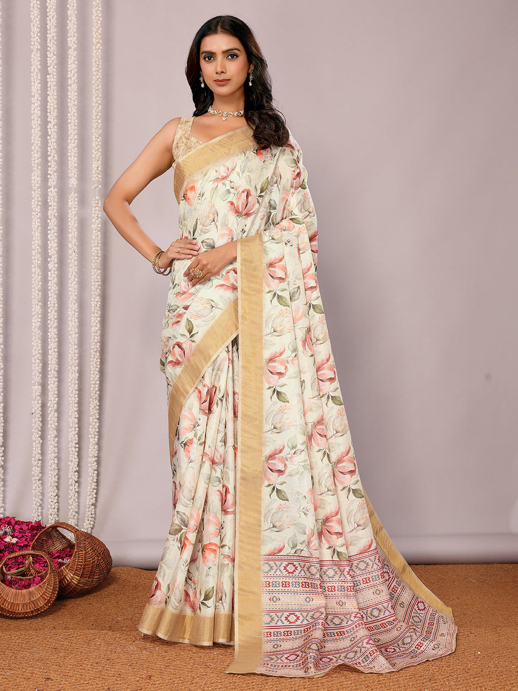 Janasya Cream Chanderi Silk Floral Printed Saree | Grocsy