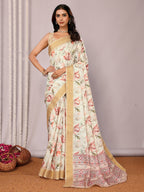 Janasya Cream Chanderi Silk Floral Printed Saree | Grocsy