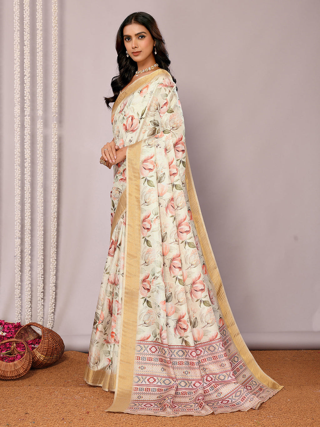 Janasya Cream Chanderi Silk Floral Printed Saree | Grocsy
