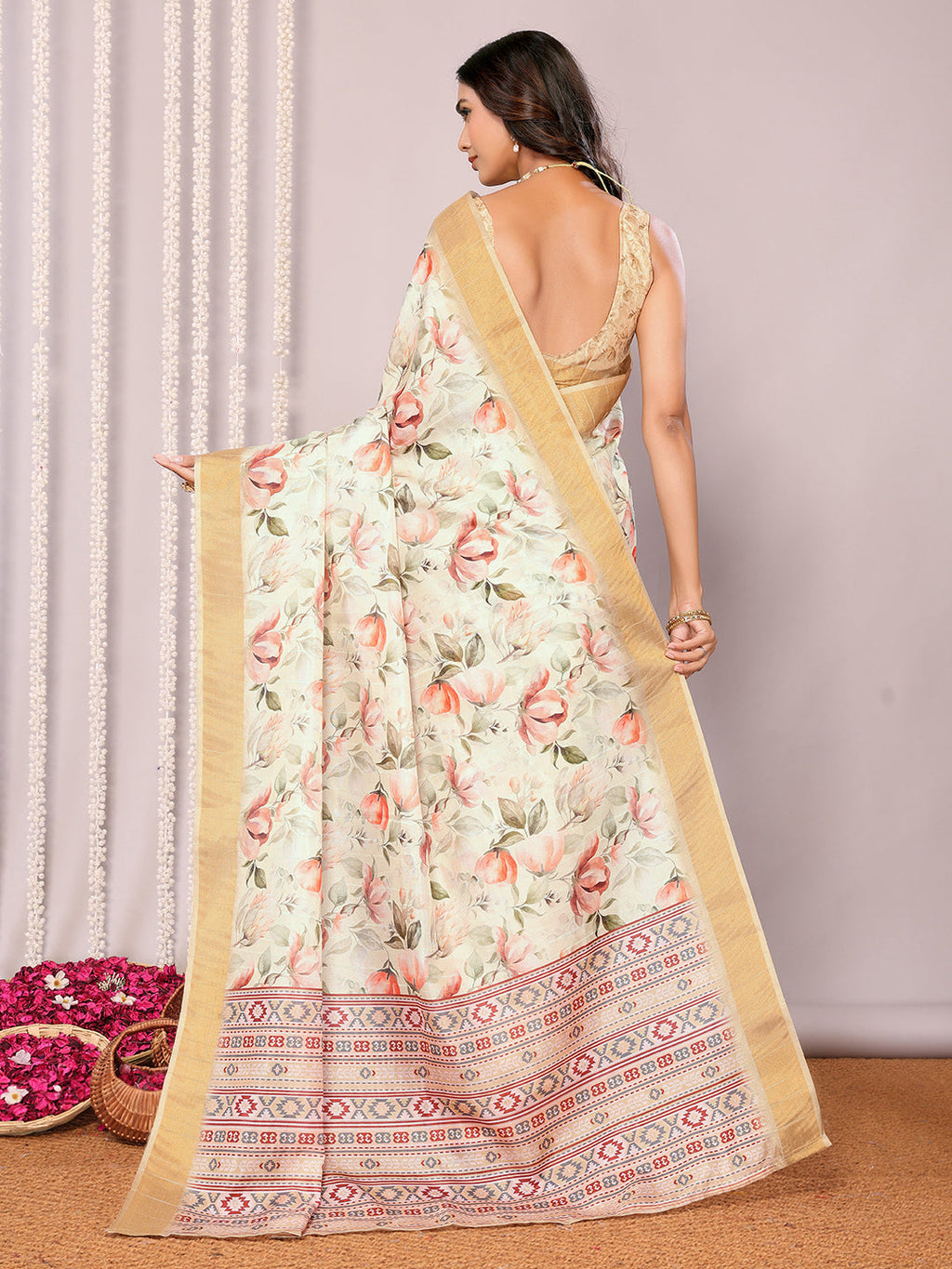 Janasya Cream Chanderi Silk Floral Printed Saree | Grocsy