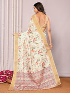 Janasya Cream Chanderi Silk Floral Printed Saree | Grocsy
