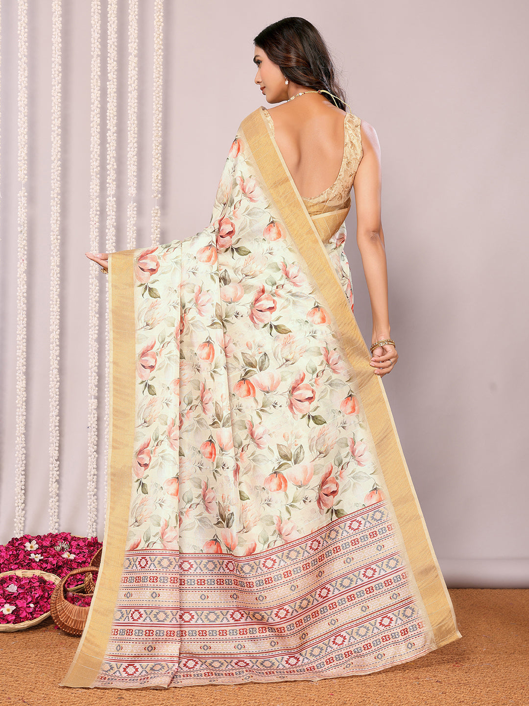 Janasya Cream Chanderi Silk Floral Printed Saree | Grocsy