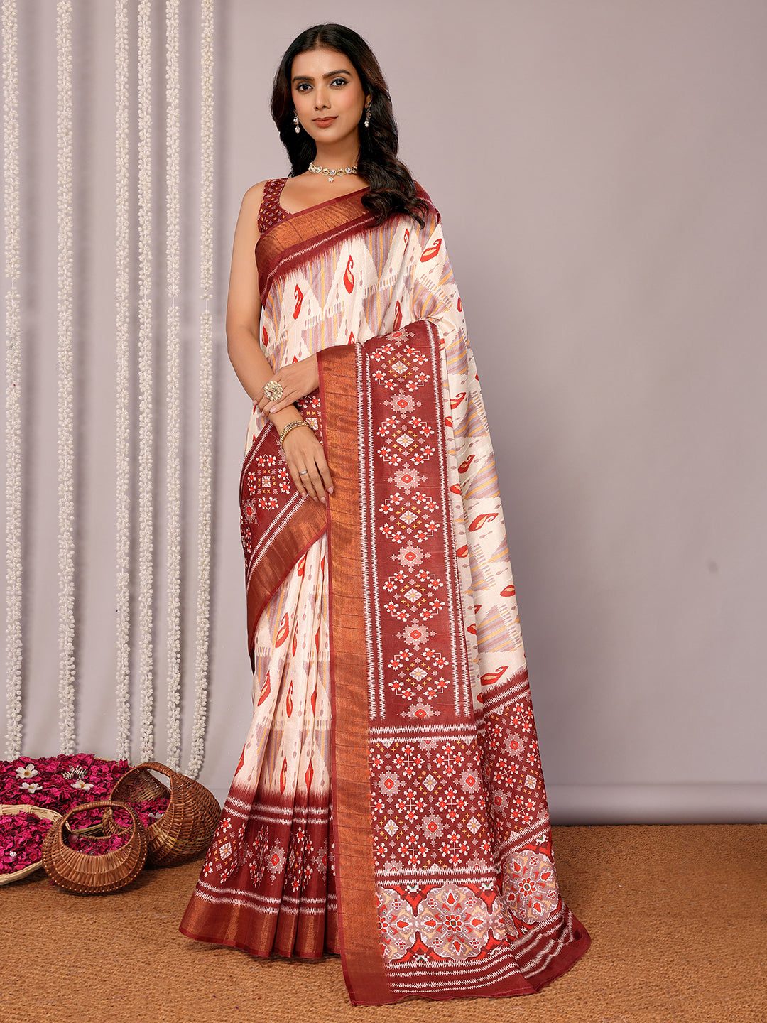 Janasya Cream Chanderi Silk Ikkat Printed Saree | Grocsy