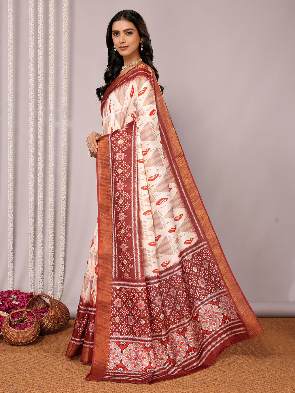 Janasya Cream Chanderi Silk Ikkat Printed Saree | Grocsy