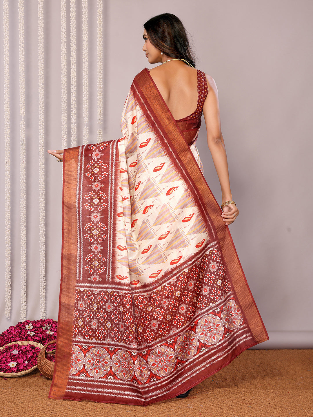 Janasya Cream Chanderi Silk Ikkat Printed Saree | Grocsy