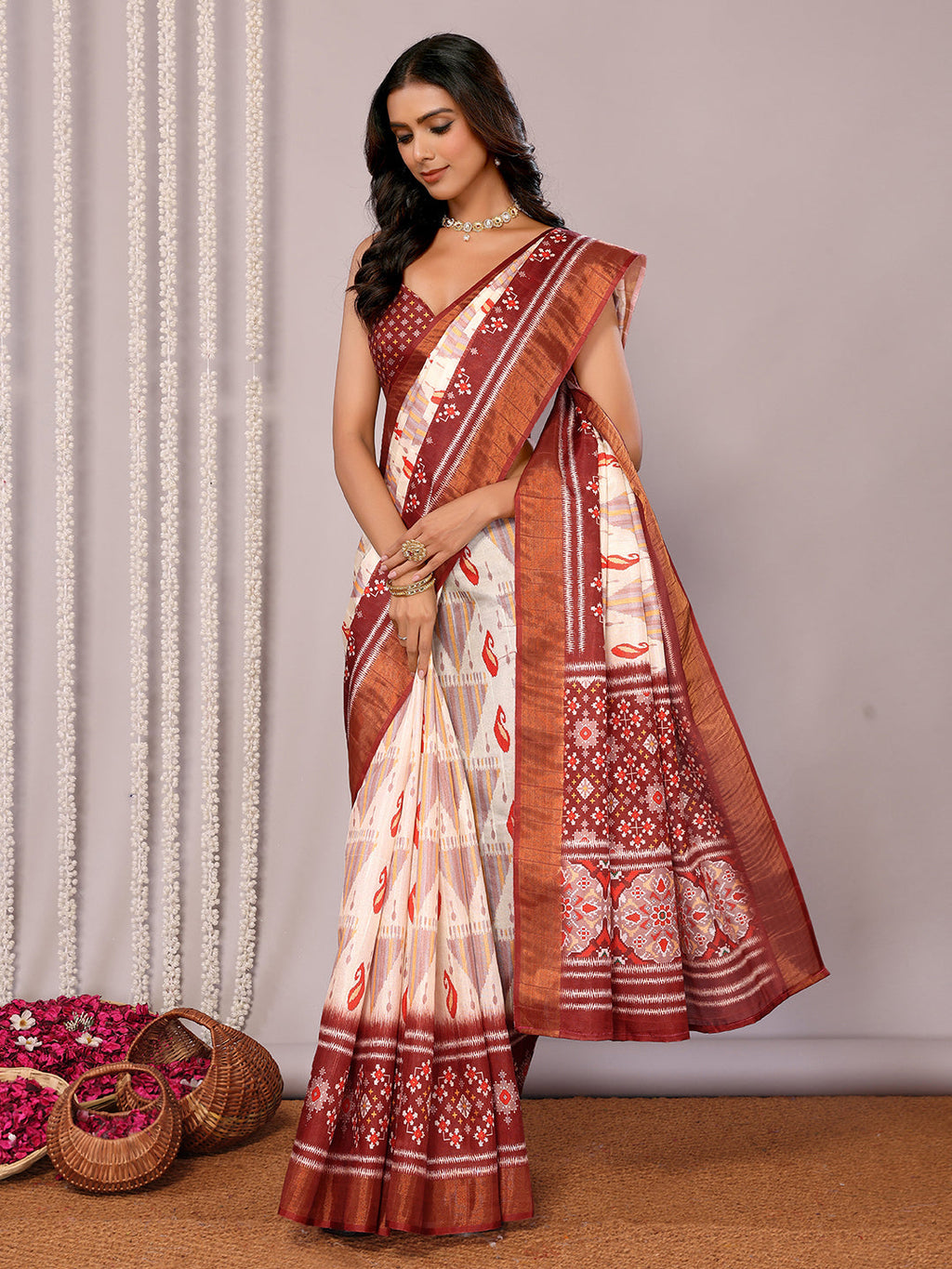 Janasya Cream Chanderi Silk Ikkat Printed Saree | Grocsy