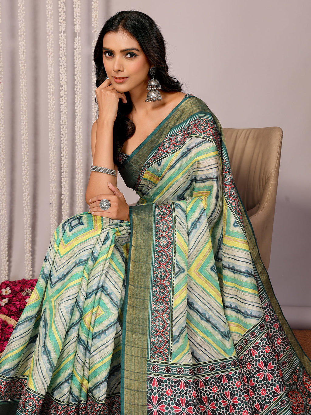 Janasya Green Chanderi Silk Chevron Printed Saree | Grocsy