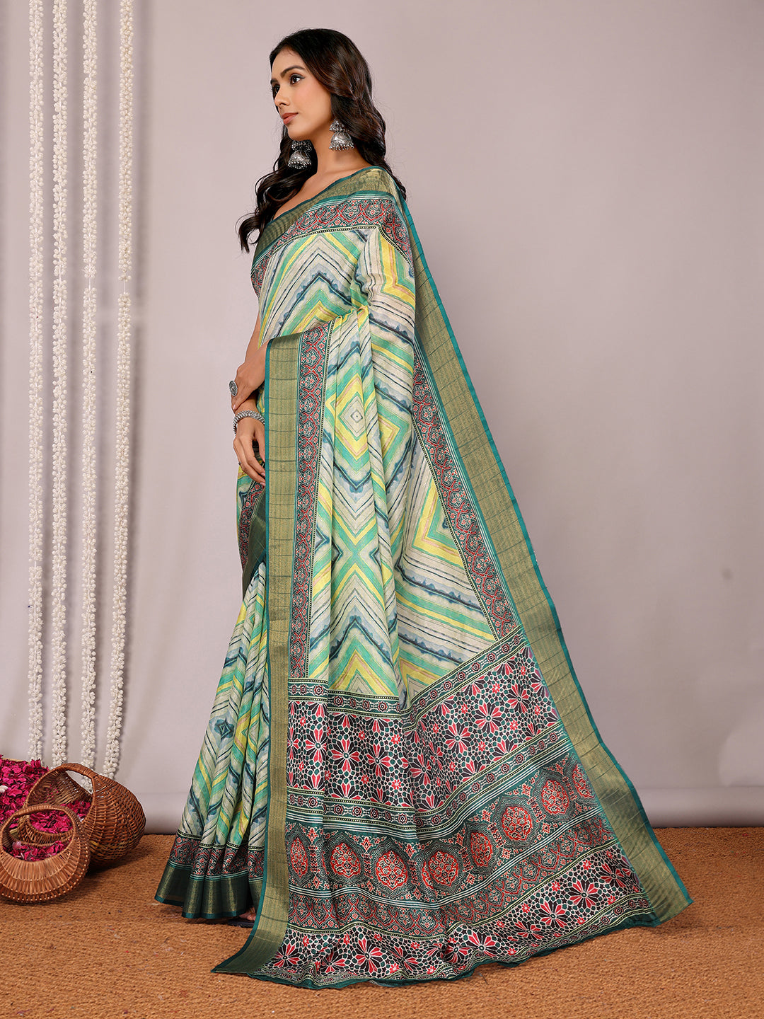 Janasya Green Chanderi Silk Chevron Printed Saree | Grocsy