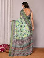Janasya Green Chanderi Silk Chevron Printed Saree | Grocsy