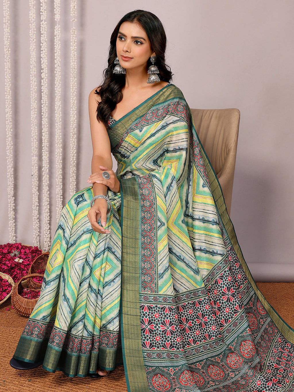 Janasya Green Chanderi Silk Chevron Printed Saree | Grocsy