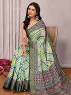 Janasya Green Chanderi Silk Chevron Printed Saree | Grocsy