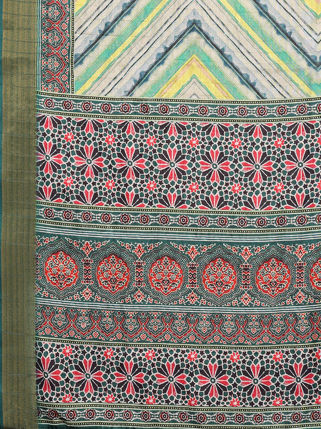Janasya Green Chanderi Silk Chevron Printed Saree | Grocsy