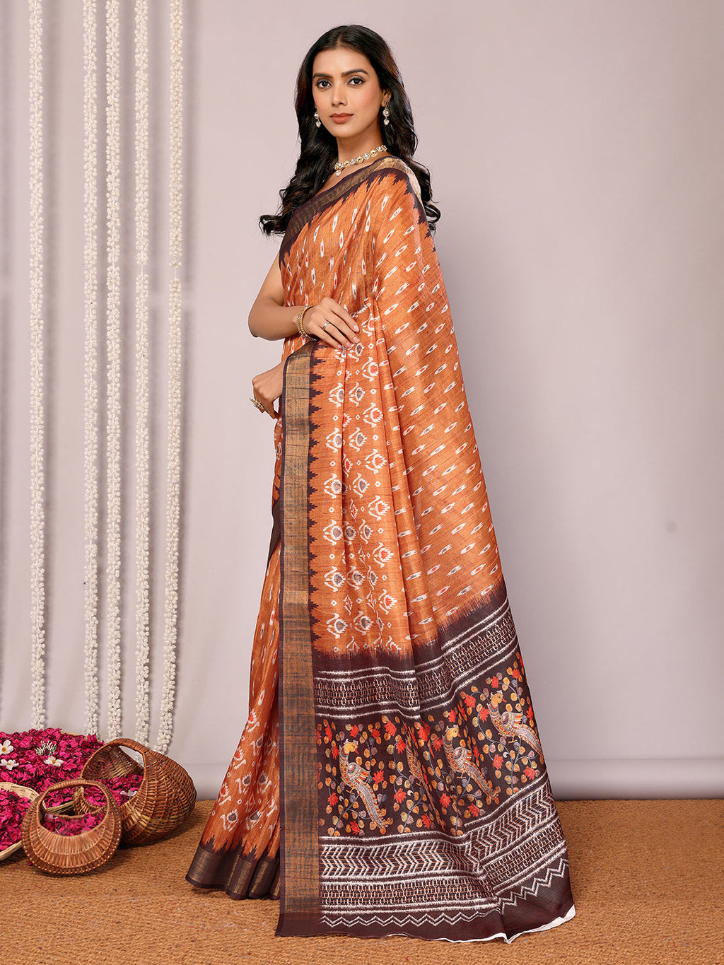 Janasya Orange Chanderi Silk Ikkat Printed Saree | Grocsy