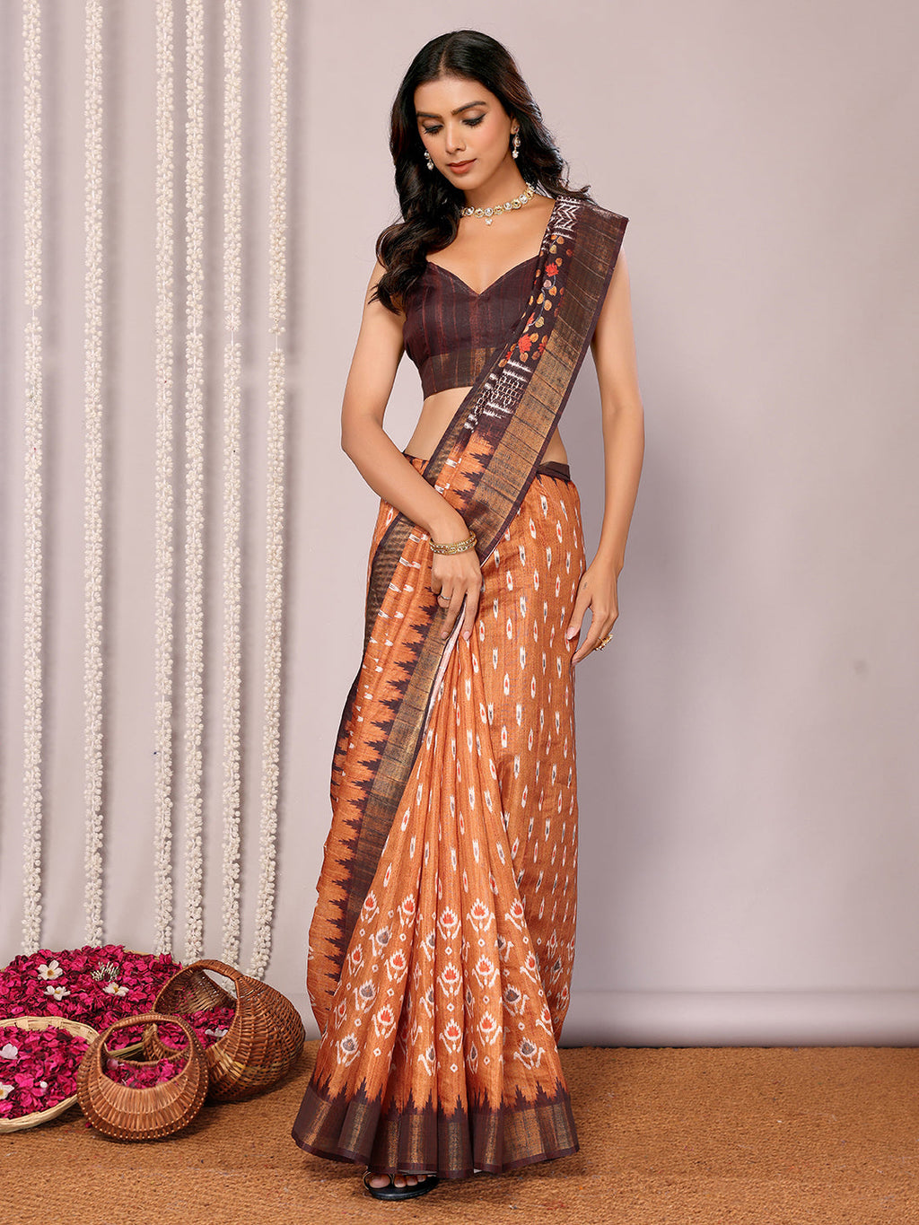Janasya Orange Chanderi Silk Ikkat Printed Saree | Grocsy