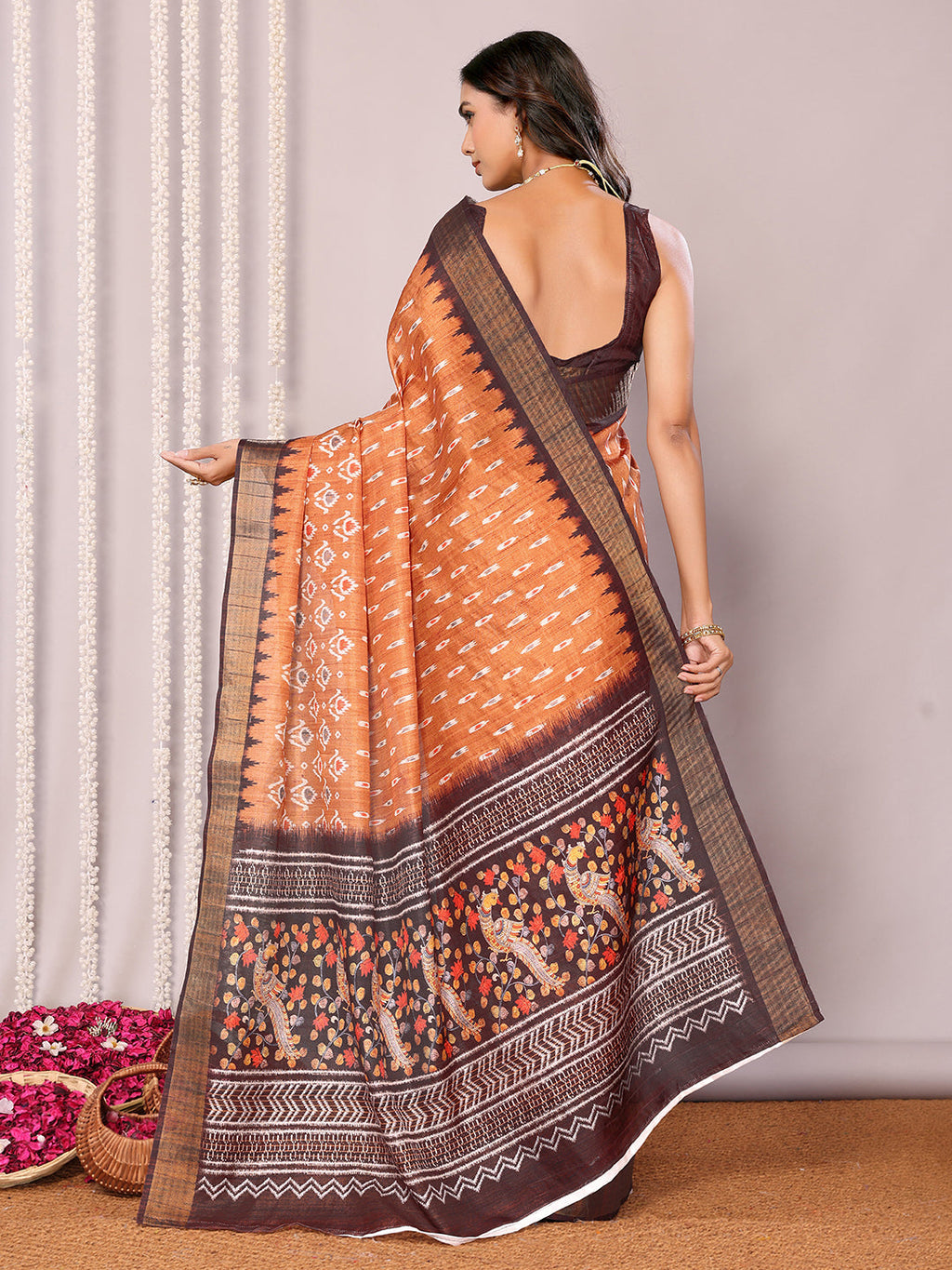 Janasya Orange Chanderi Silk Ikkat Printed Saree | Grocsy