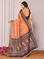 Janasya Orange Chanderi Silk Ikkat Printed Saree | Grocsy