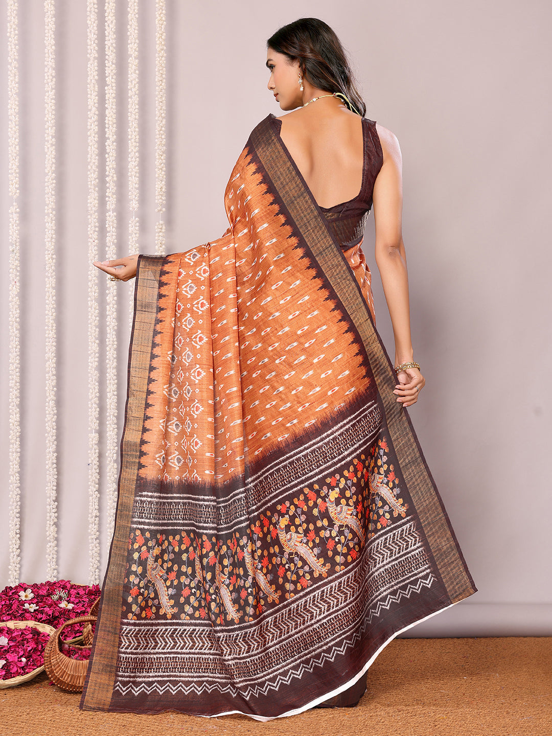 Janasya Orange Chanderi Silk Ikkat Printed Saree | Grocsy