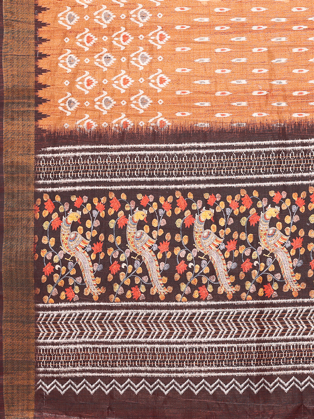 Janasya Orange Chanderi Silk Ikkat Printed Saree | Grocsy