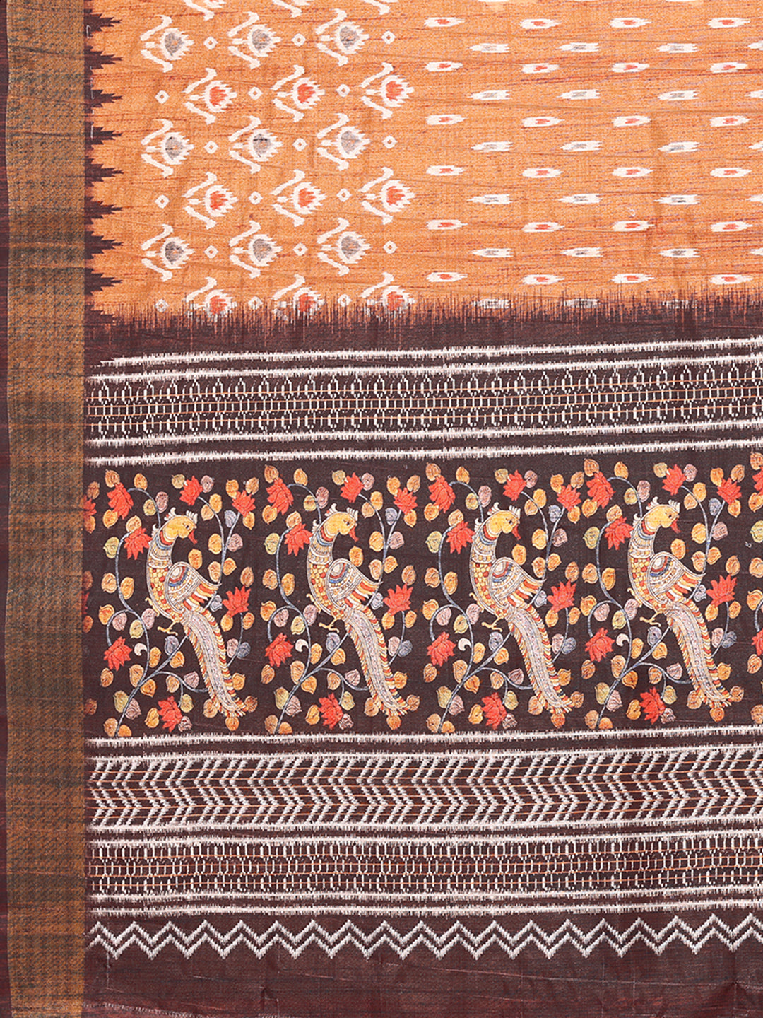 Janasya Orange Chanderi Silk Ikkat Printed Saree | Grocsy