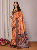 Janasya Orange Chanderi Silk Ikkat Printed Saree | Grocsy