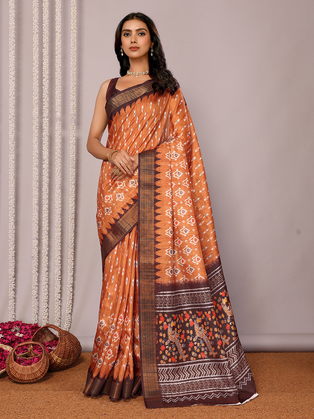 Janasya Orange Chanderi Silk Ikkat Printed Saree | Grocsy