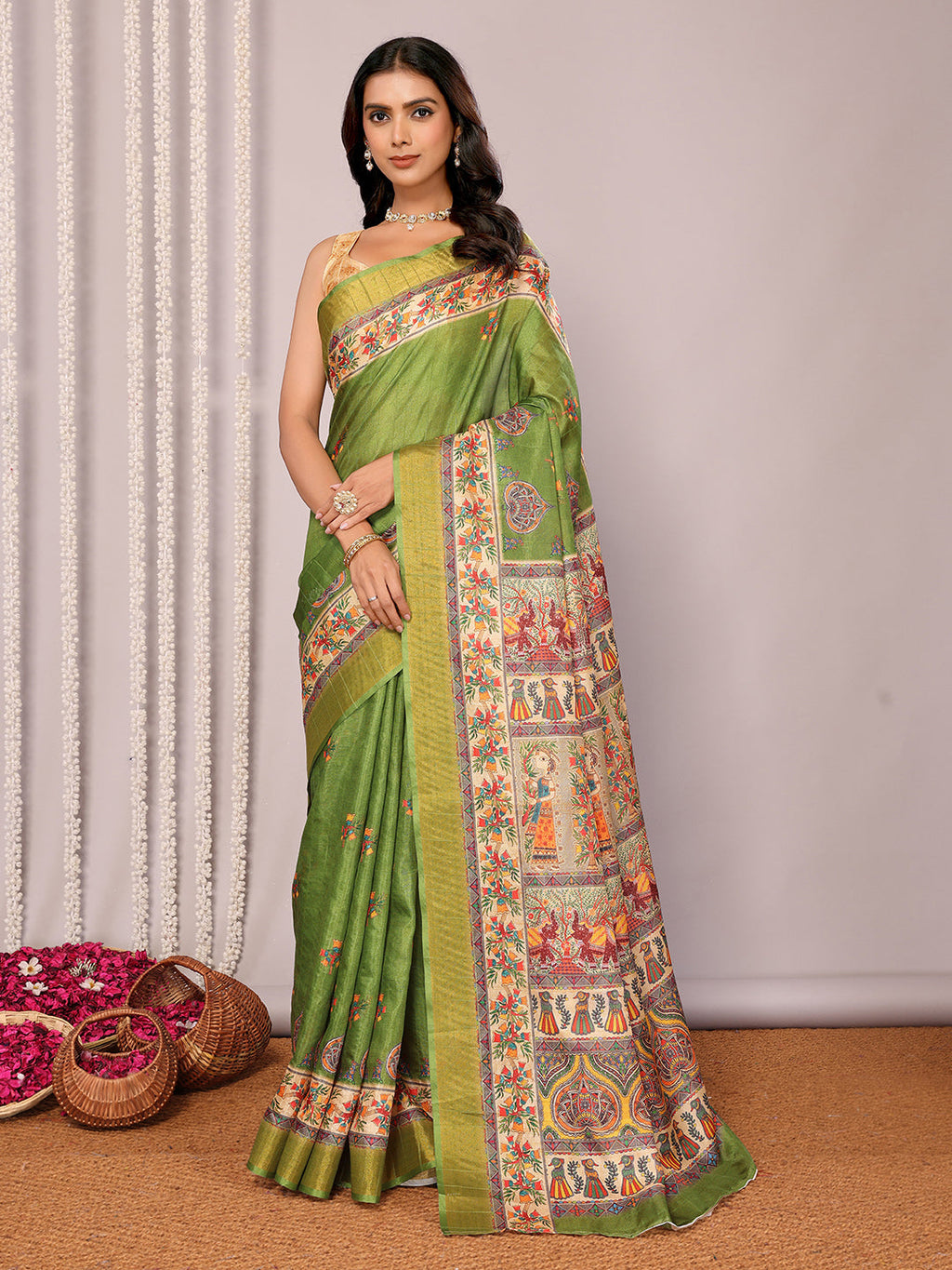 Janasya Green Chanderi Silk Kalamkari Printed Saree | Grocsy