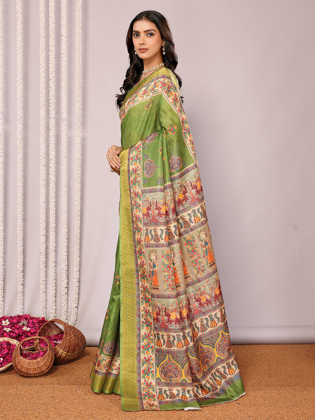 Janasya Green Chanderi Silk Kalamkari Printed Saree | Grocsy
