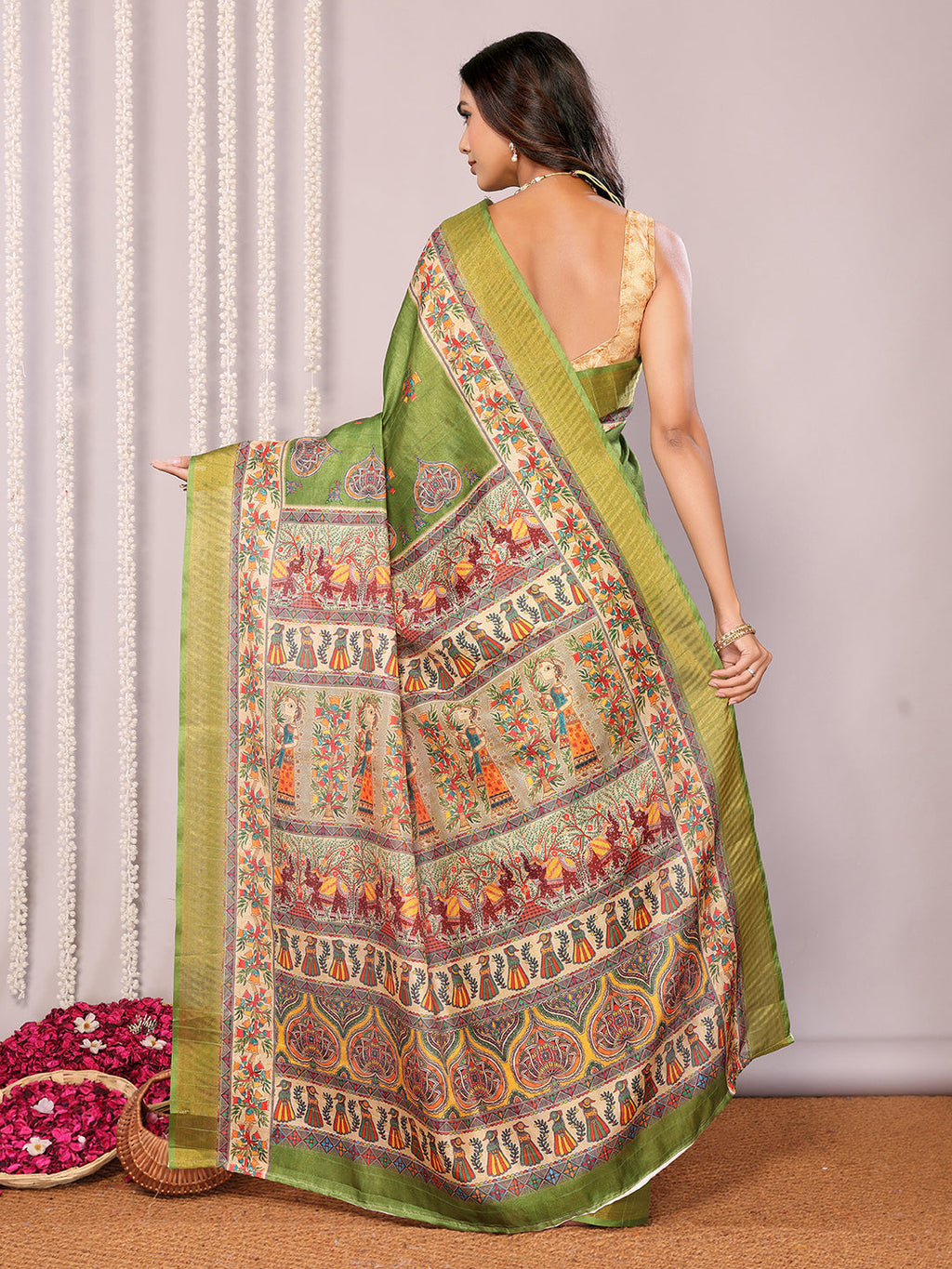 Janasya Green Chanderi Silk Kalamkari Printed Saree | Grocsy