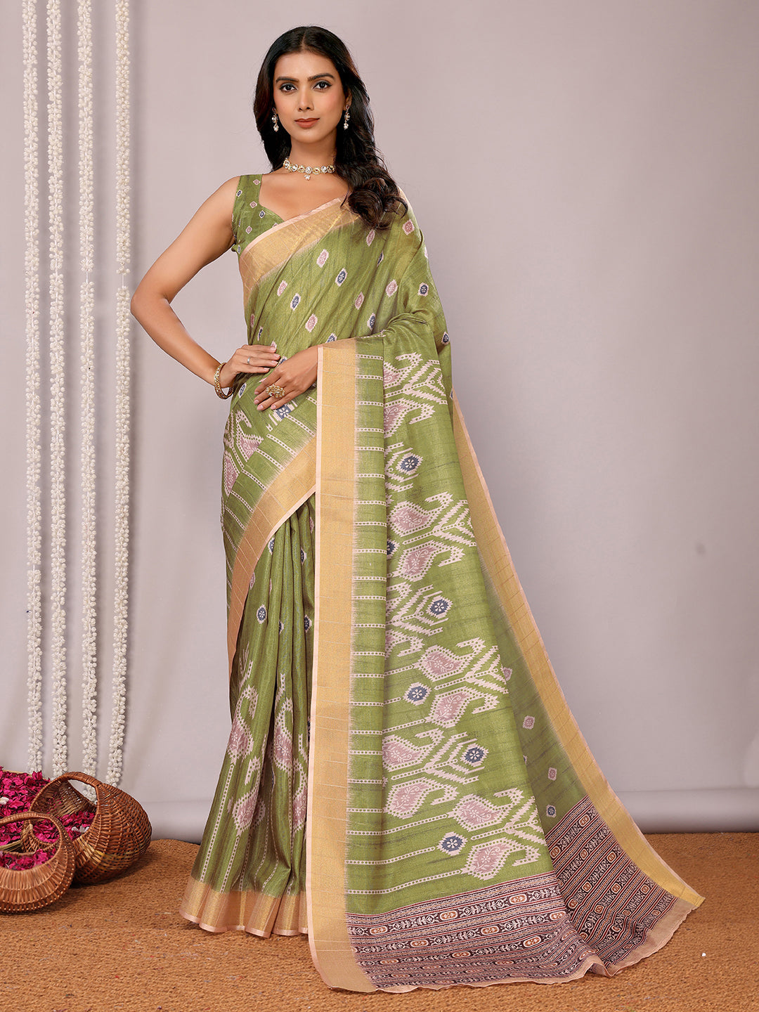 Janasya Green Chanderi Silk Ikkat Printed Saree | Grocsy