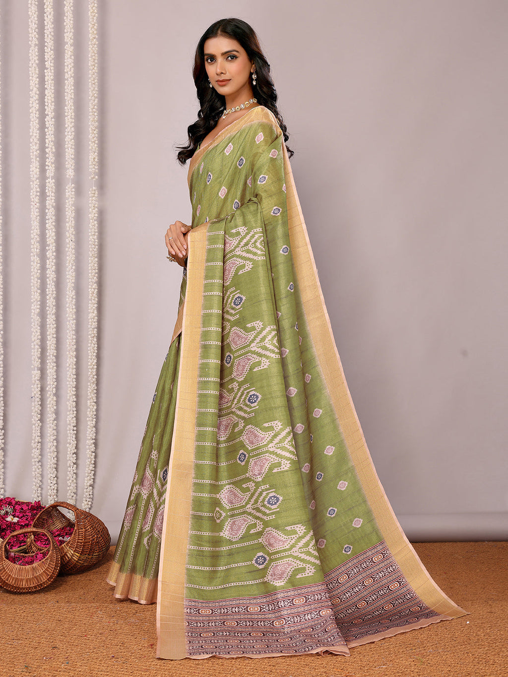 Janasya Green Chanderi Silk Ikkat Printed Saree | Grocsy